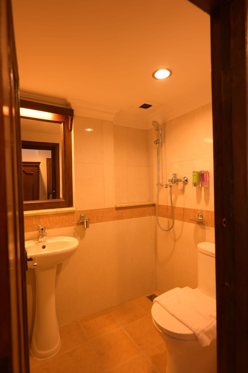 Shower, hair dryer, slippers, soap