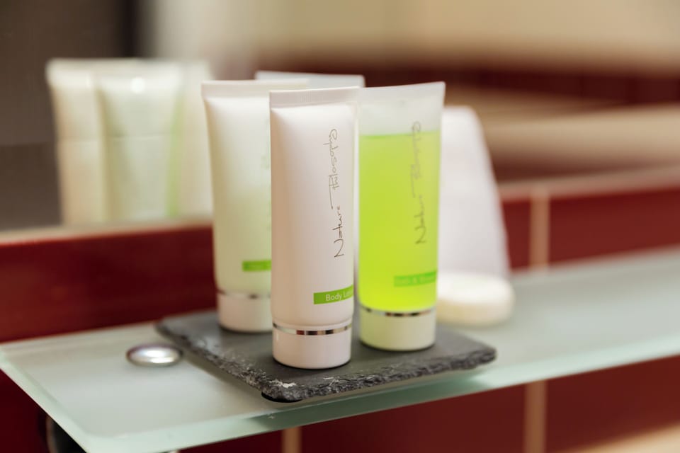Hair dryer, towels, soap, shampoo