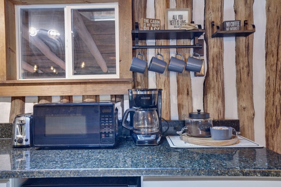 Coffee station and microwave.