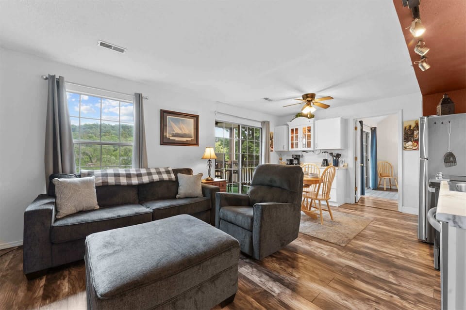 Open living space with ample seating and Smart TV