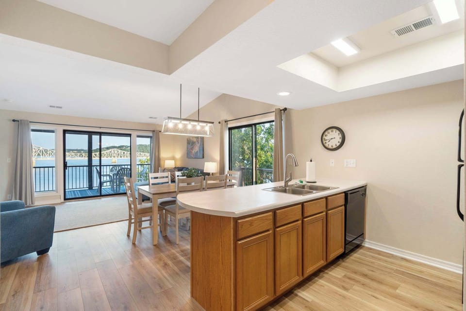 Kitchen, dining, and living area