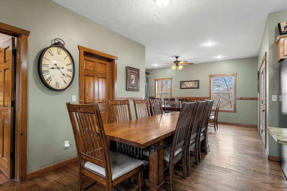 Gather for meals together at the dining tables, offering total seating for 16
