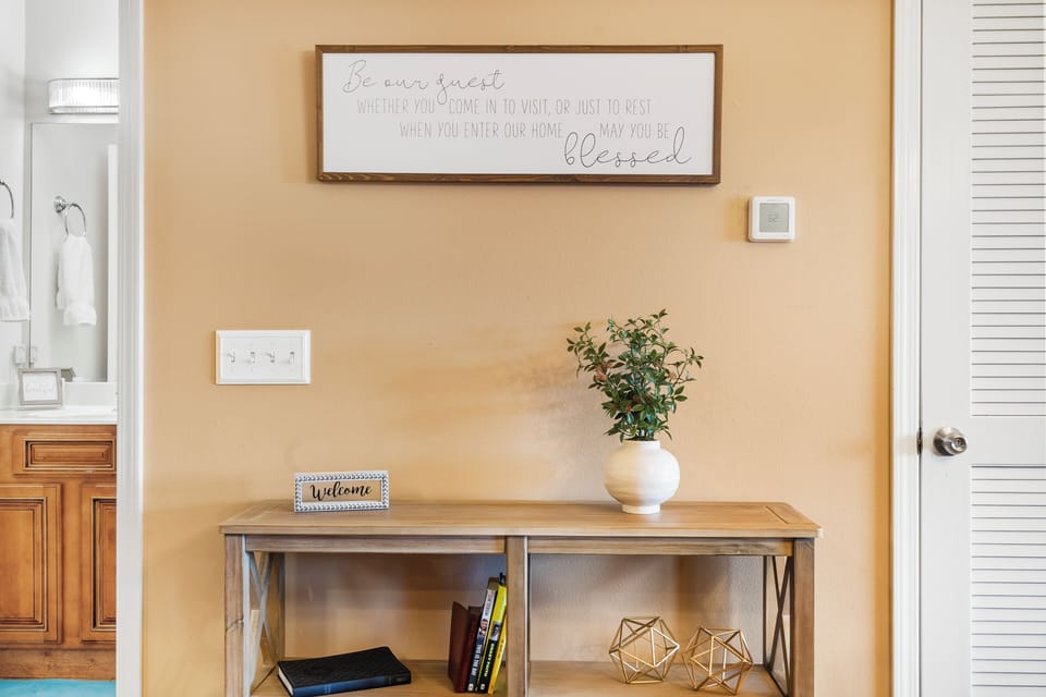 Bright open living space with sofa sleeper, and TV