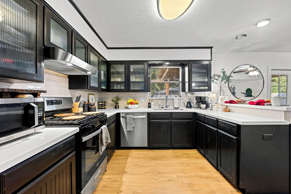 Cook like home: pots, pans, bakeware, knives, spices, oil, coffee.