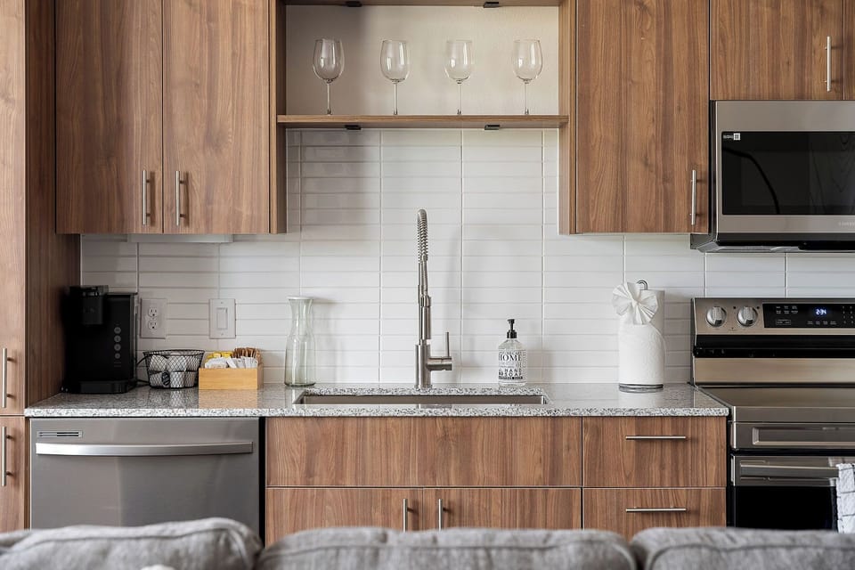 Open concept kitchen, well stocked