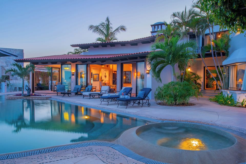 Poolside view of villa exterior