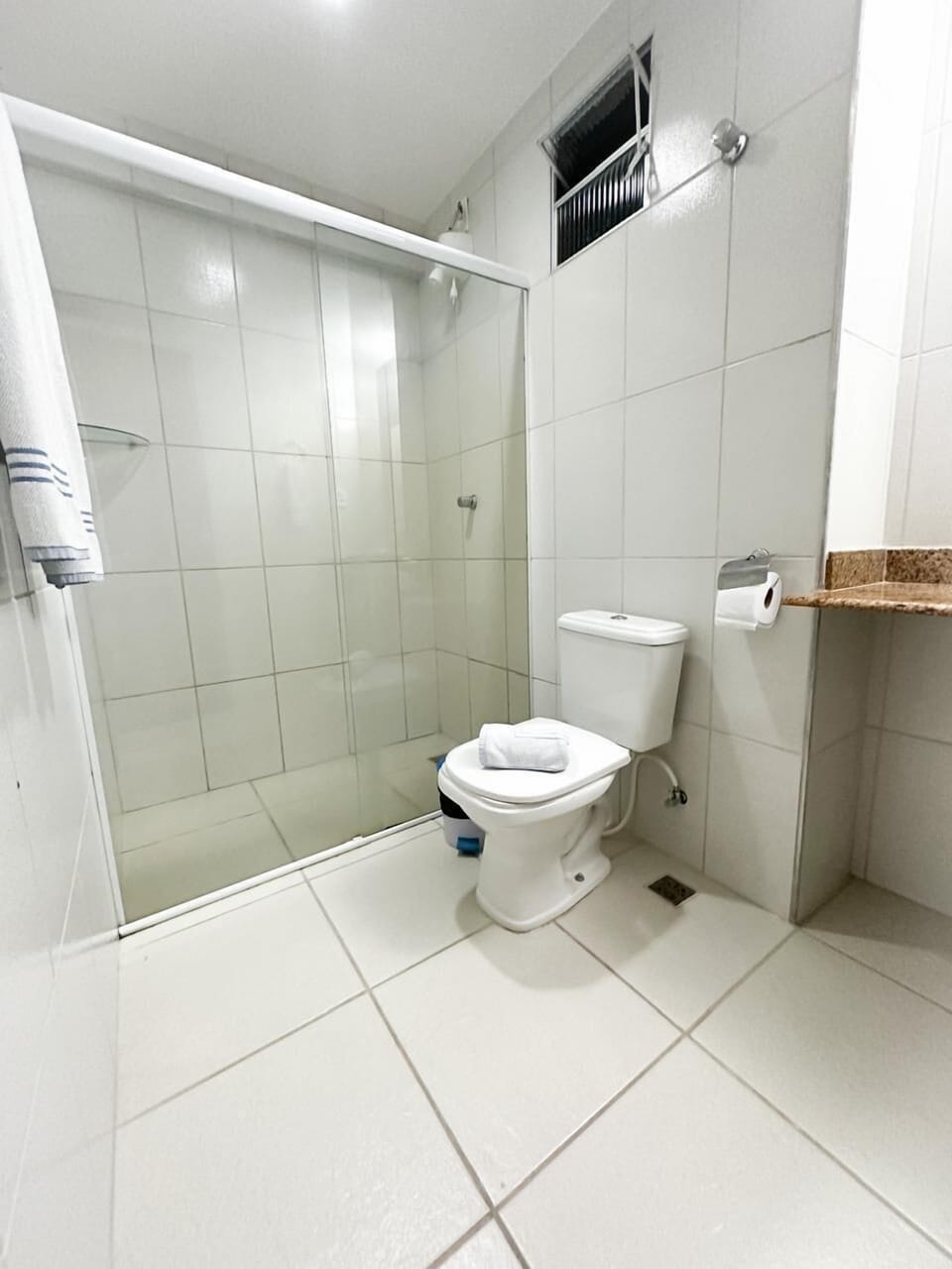 Shower, towels, soap, toilet paper