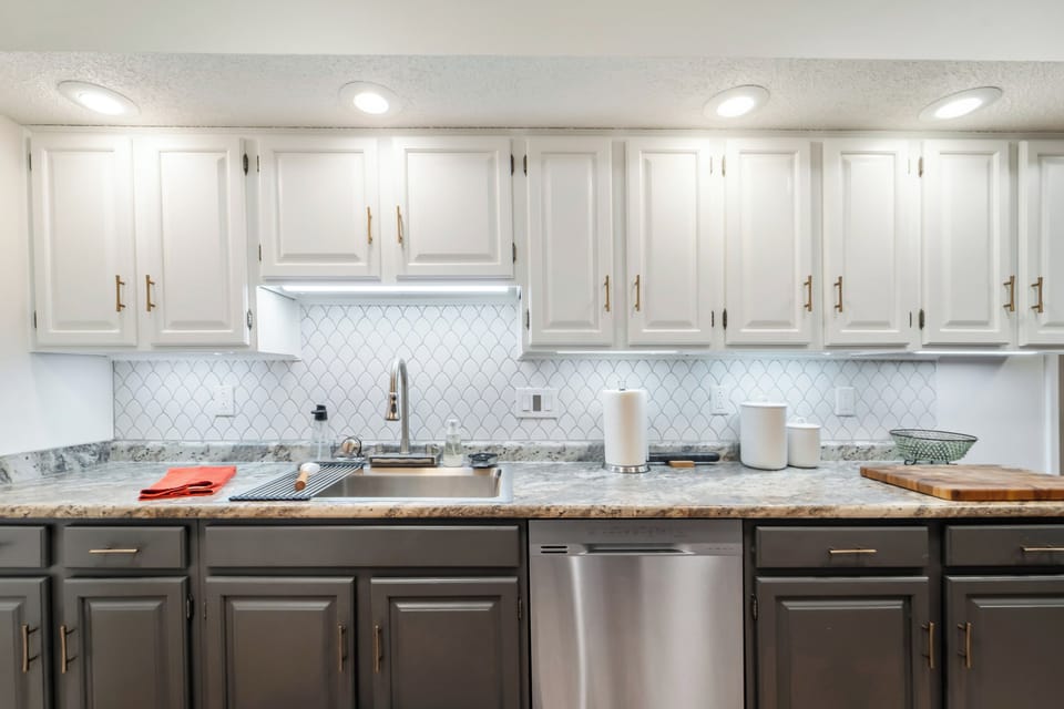 The kitchen has plenty of counter space for multiple people to cook at once.