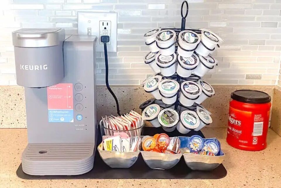 Keurig, K-Cups, Ground Coffee with Creamer, and Tea.