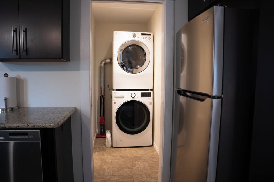 Full size washer and dryer with liquid laundry soap or laundry pods 