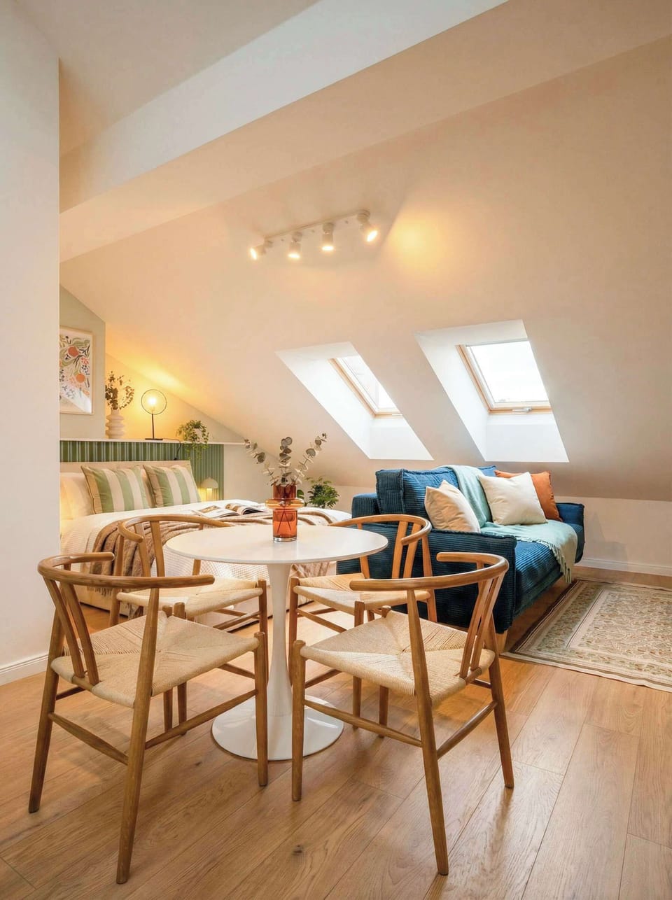 In the apartment is queen size bed, convertible sofa bed and kitchen with dinning table