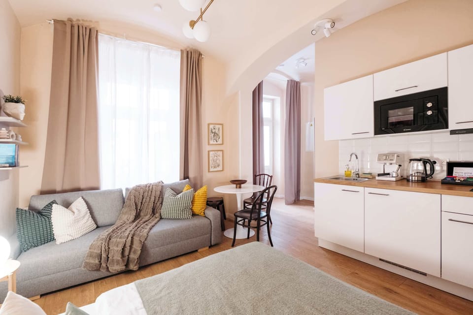 Beautiful bright apartment with big windows for up to 4 people sleeping on queen size bed and convertible sofa bed