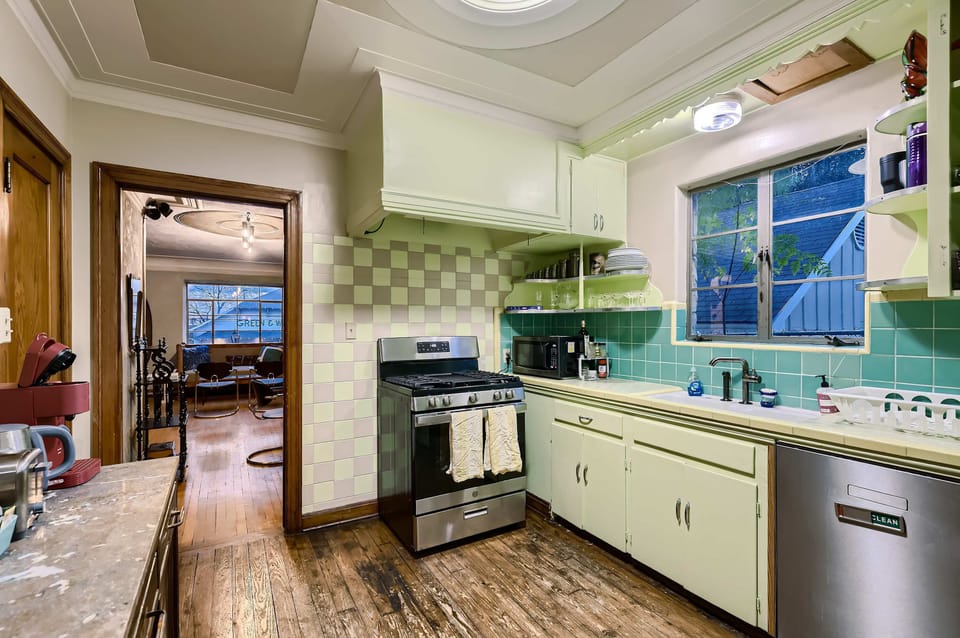 Bright kitchen with ample counter space.