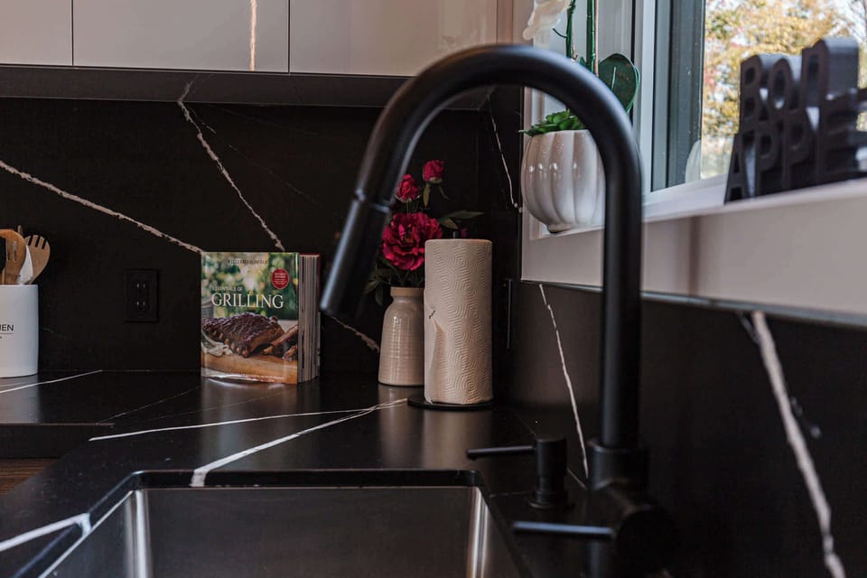 Close-up of the kitchen sink with matte black finishes and backsplash