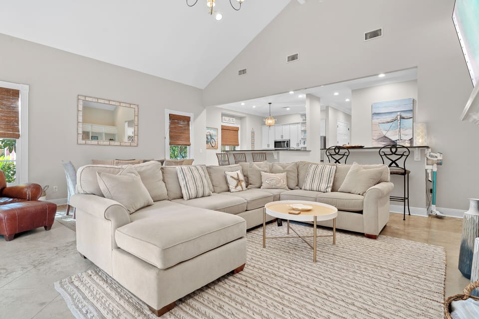 Open living area with high ceilings