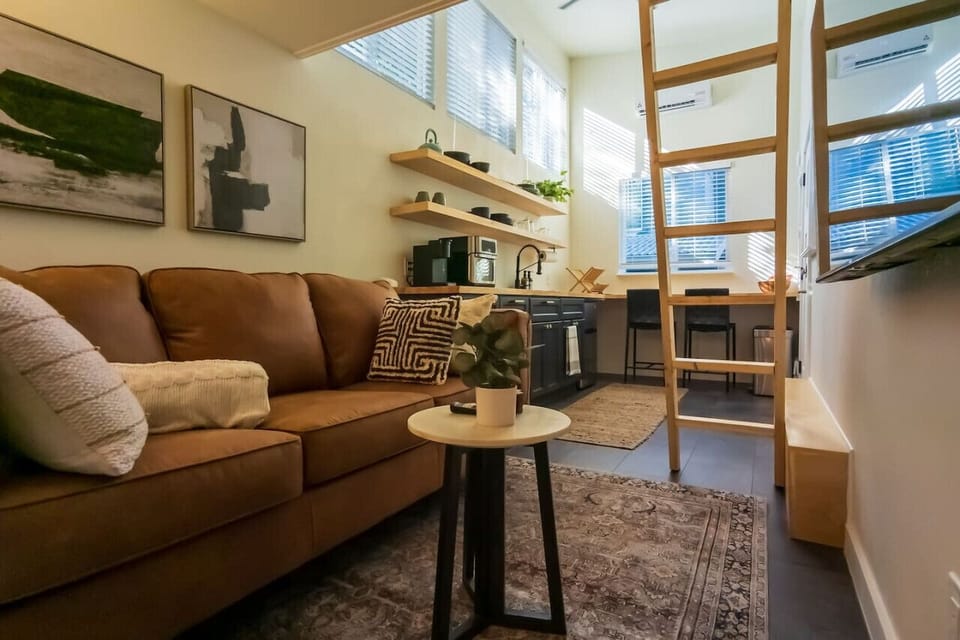 View of under the loft space with 55` TV for R&R between Austin exploring sessions