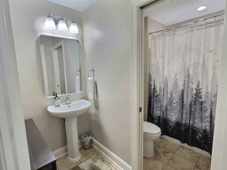 Guest bathroom with pedestal sink and shower-tub combination.