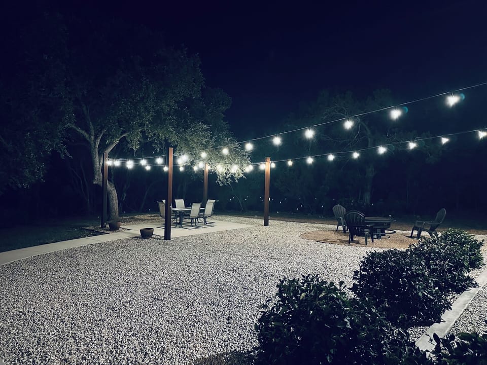 Outdoor patio area with fire pit