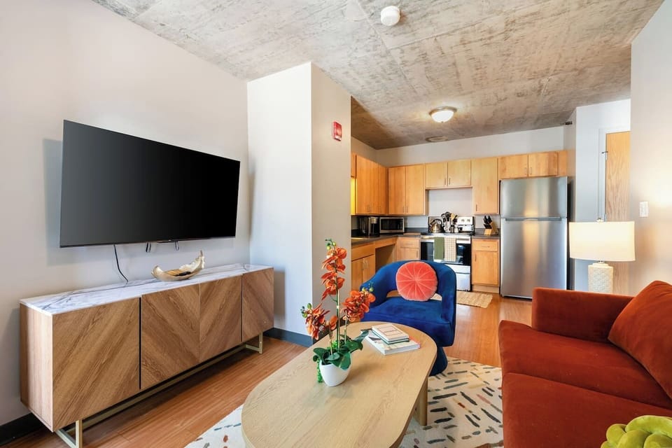 Modern, cozy living space with an open kitchen, stylish décor, and everything you need to feel right at home