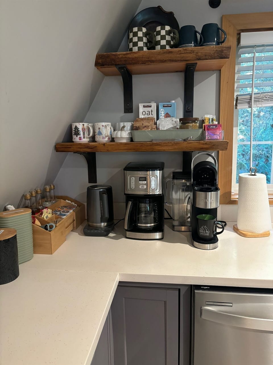 Our cozy coffee station includes a coffee maker, espresso machine & kettle