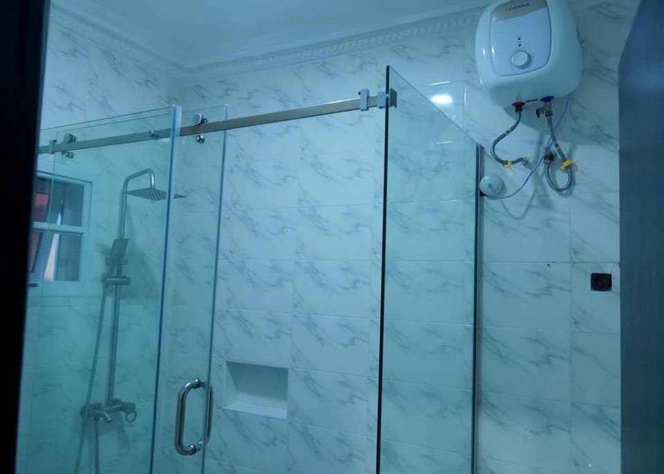 Shower, towels, soap, shampoo
