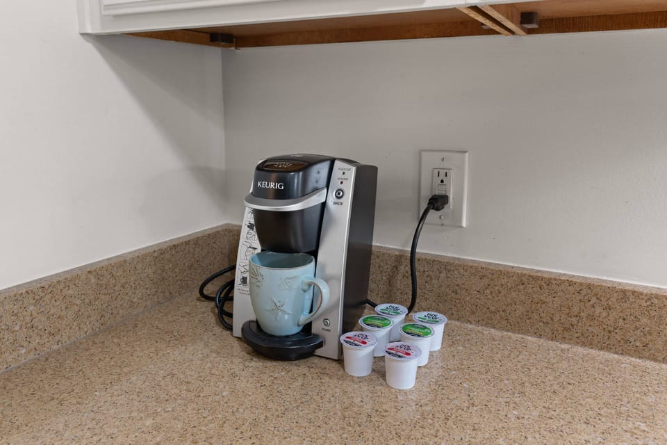 Begin your day with coffee from your personal Keurig.  A few K-cups are provided to get you started.