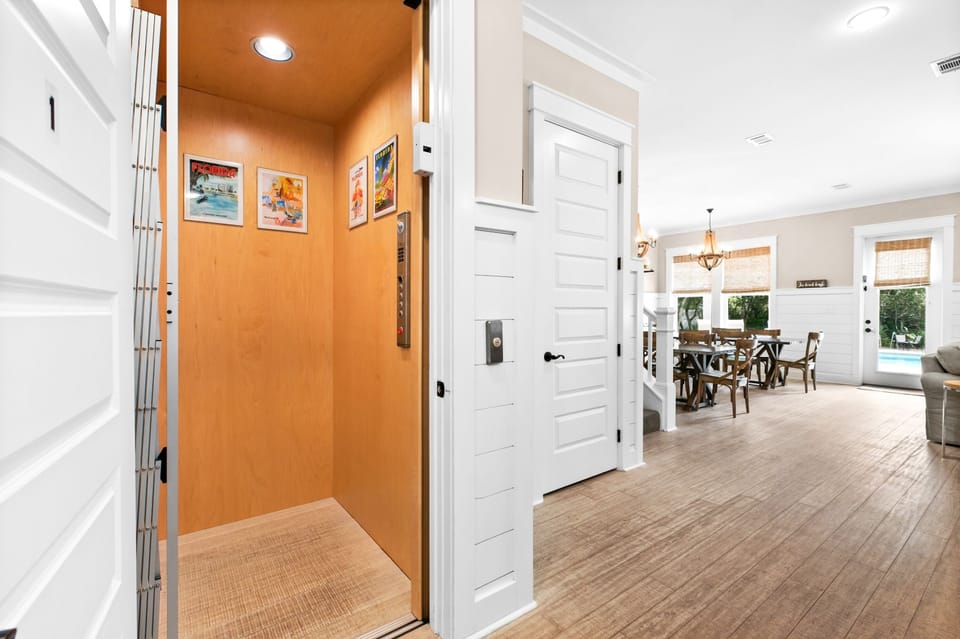 Private elevator travels to all floors