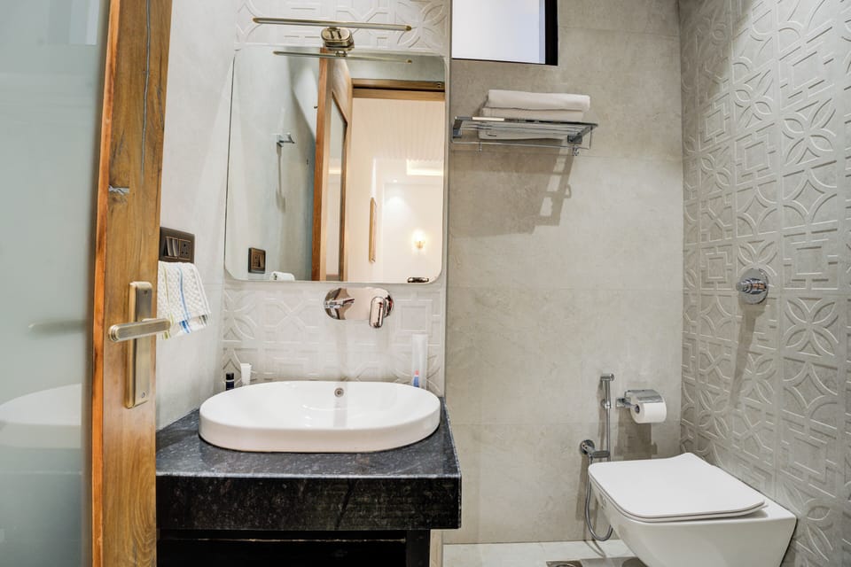 Shower, slippers, bidet, soap