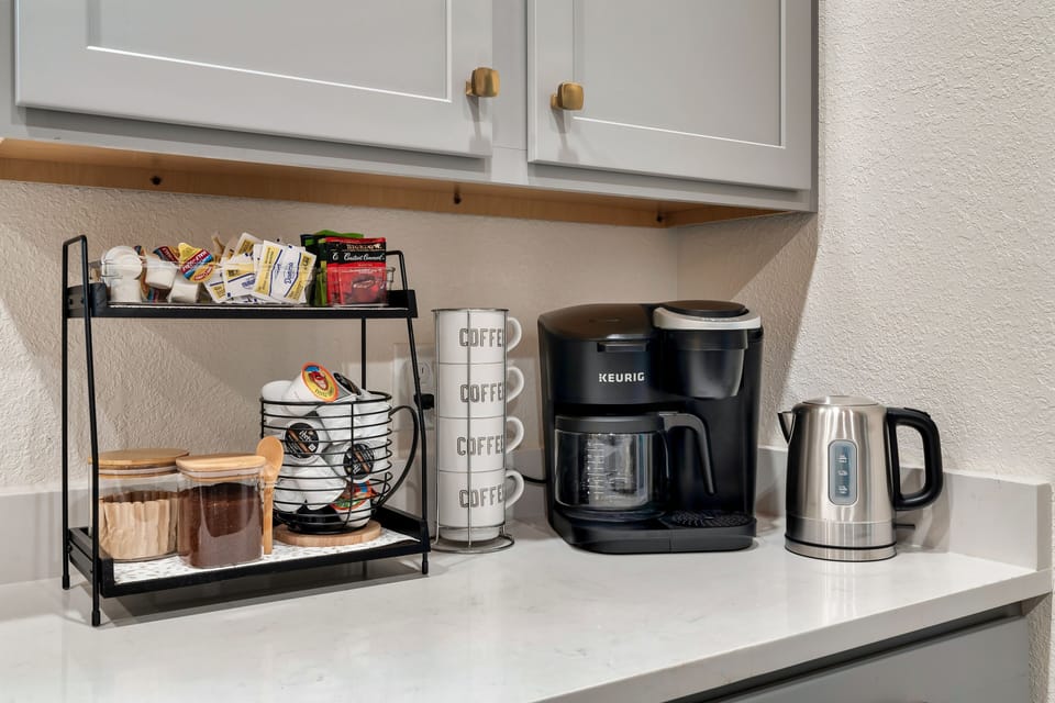 Kickstart your morning at our fully-equipped coffee bar! Tea lovers welcome too!