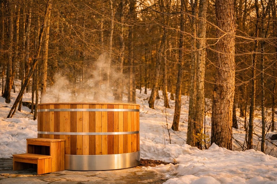 Brand new handcrafted cedar soaking tub for 6 — a serene, jet-free woodland spa.
