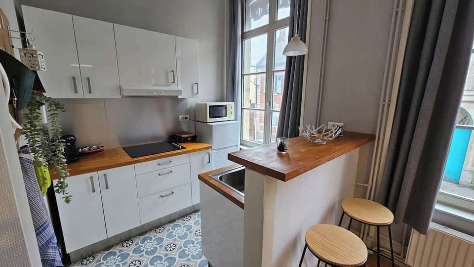 Cuisine ouverte sur le salon, équipée avec micro-ondes, plaques de cuisson, bouilloire, machine à café et réfrigérateur avec congélateur.
Coin repas rapide pour deux personnes.