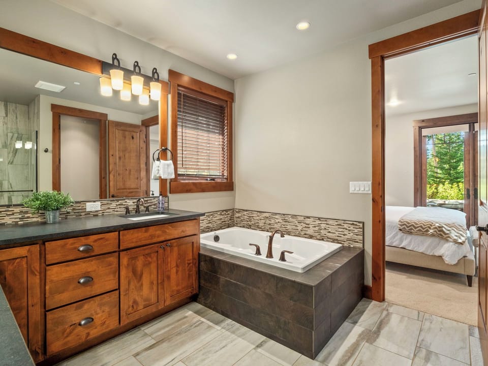 Dual Vanity Ensuite With Jette Tub + Timber Cabinetry Warmth