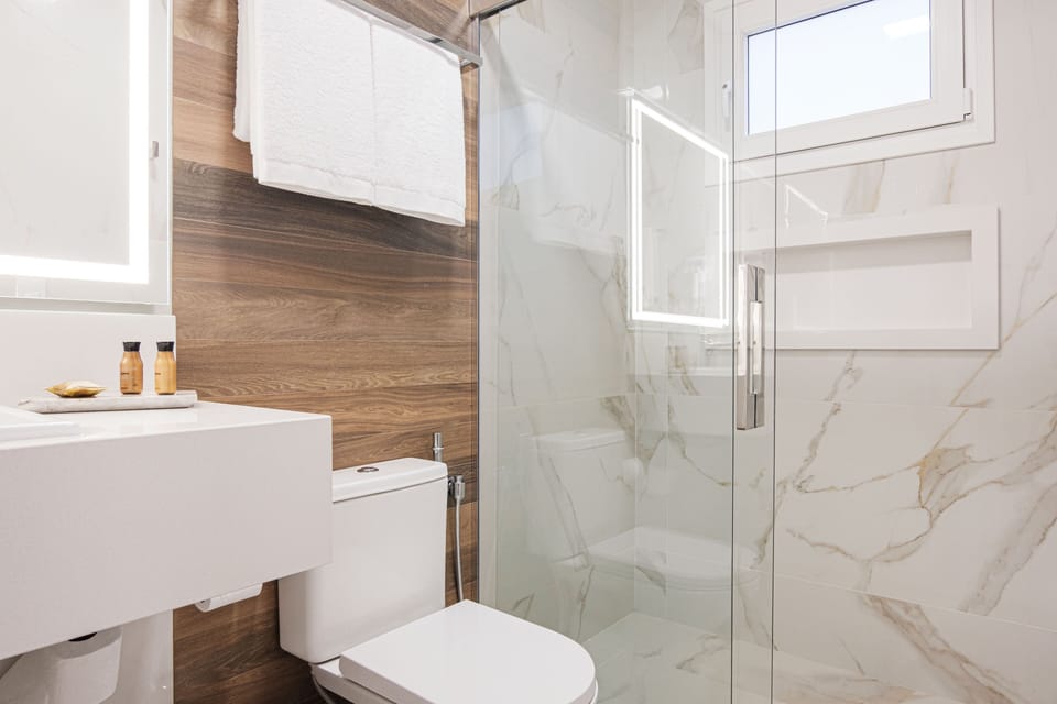 Shower, free toiletries, hair dryer, towels