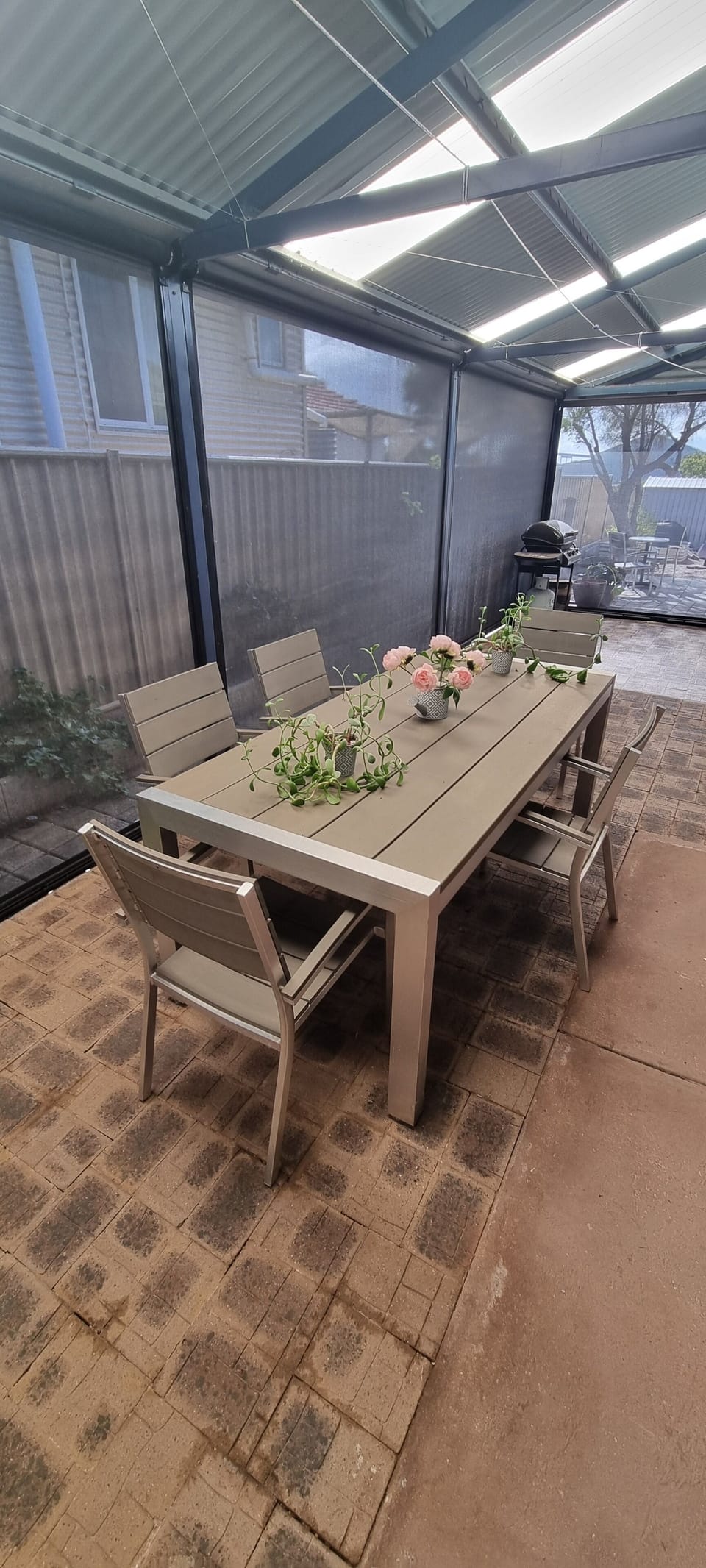 Enclosed patio and outdoor table