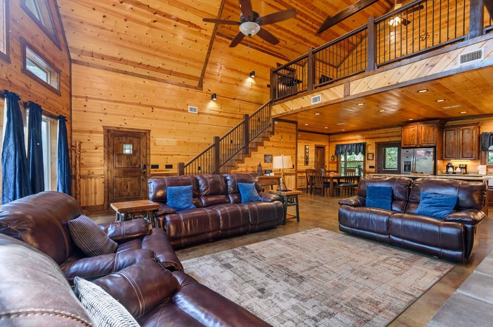 the cabin's high vaulted ceilings and open layout make sure no one feels crowded or disconnected from the fun