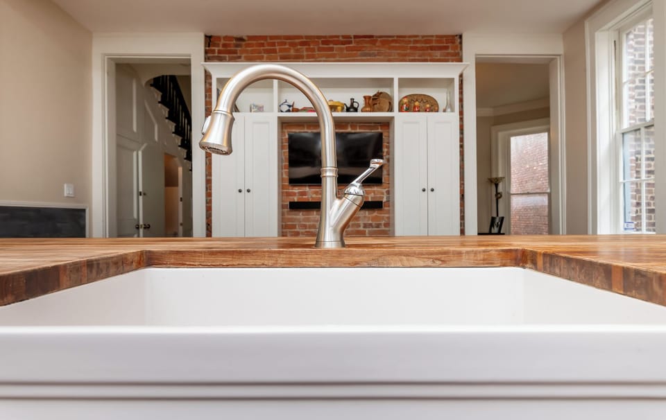 Farmhouse sink overlooking kitchen