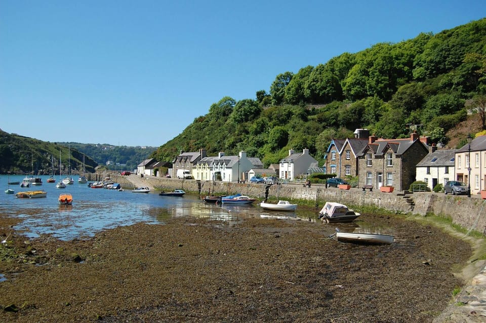 Cottages overlooking harbour with lots of small boats at low tide