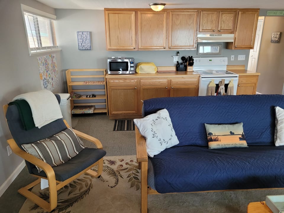 LIVING ROOM:  Cozy living room with a futon, chair, streaming television, and a great view of Van Etten Lake!