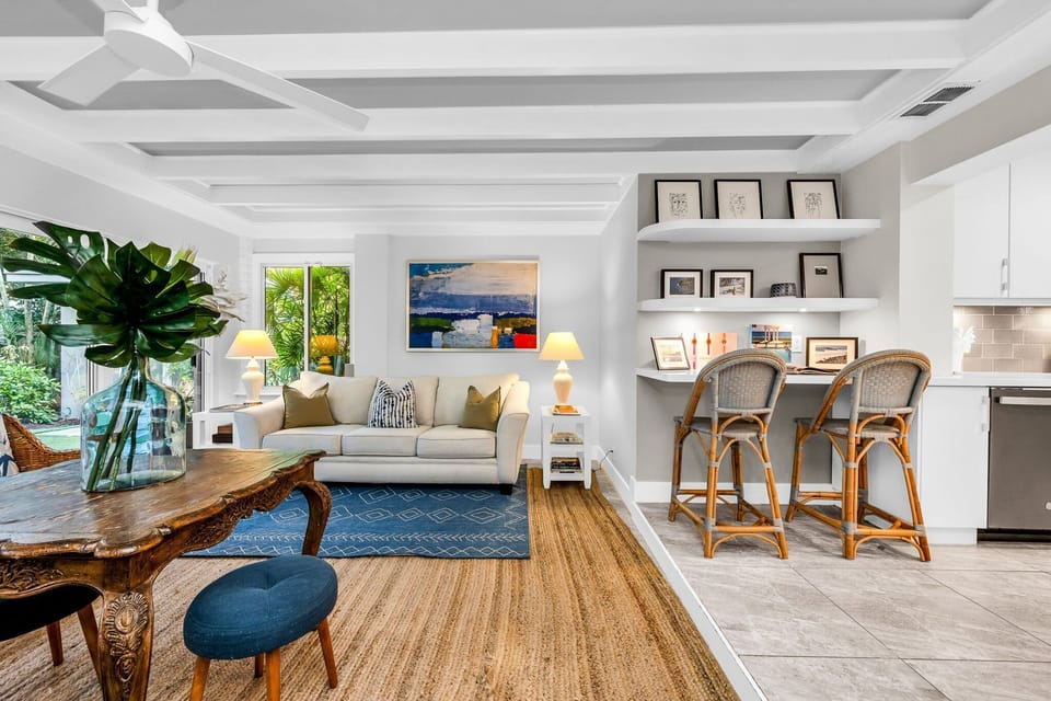 Comfortable space with 2 sofas (one is a queen sleeper), smart TV with cable, books, magazines, and games. Direct access to the outdoor patio and pool. Features an active door alarm to the pool deck for added safety.