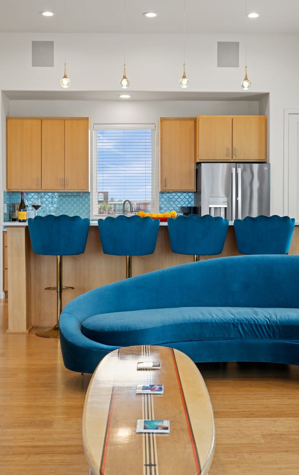 Kitchen Bar — Teal Scallop Velvet Stools, Fish Scale Backsplash & Pendant Lights