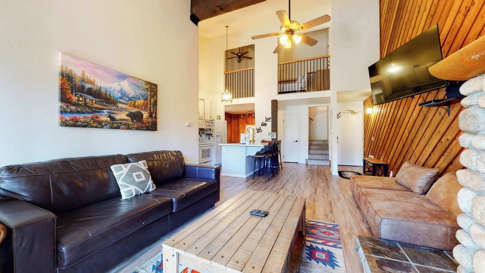 Open living space with sofa, sleeper, TV, fireplace, and balcony