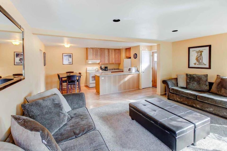 Living room w/ wood burning fireplace, TV