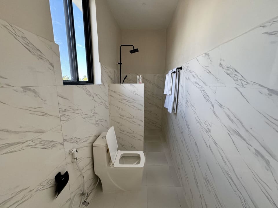 Shower, soap, shampoo, toilet paper