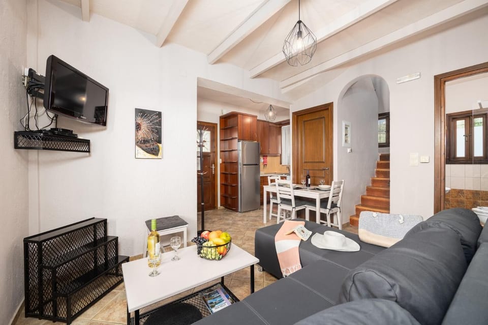 Unit 1: open-plan living room with sofa, dining area, kitchen, A/C, WiFi internet, and satellite TV