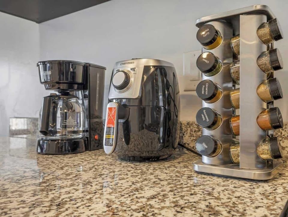 Kitchen counter w/ coffee maker, air fryer & spice rack ready to use