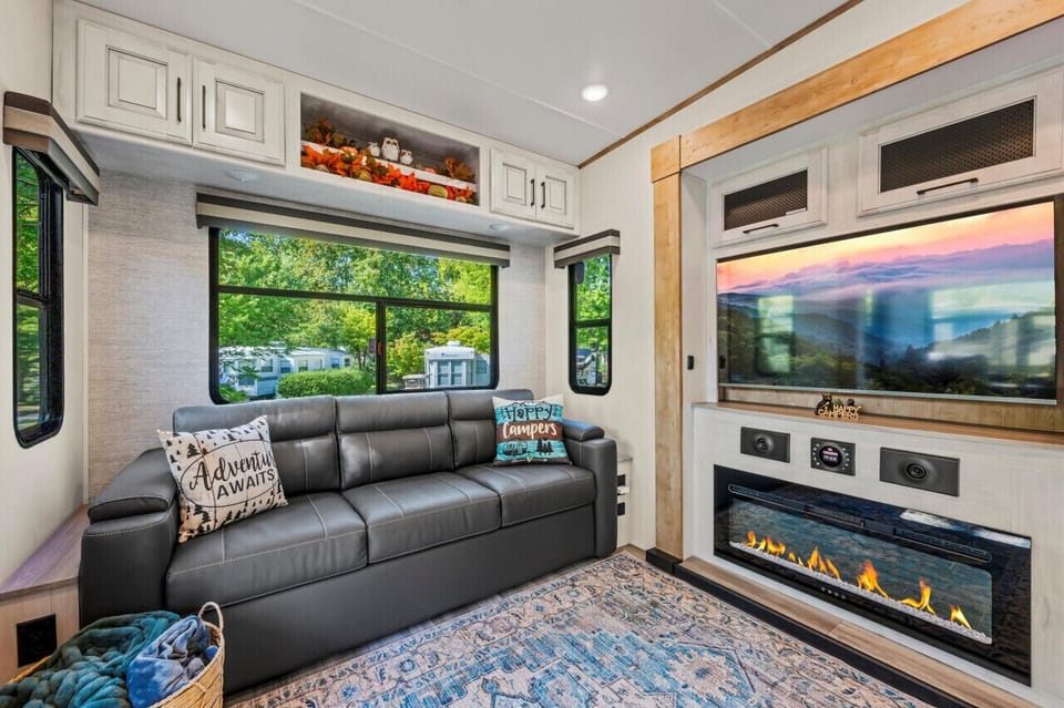 Two plush leather couches for cozy nights in