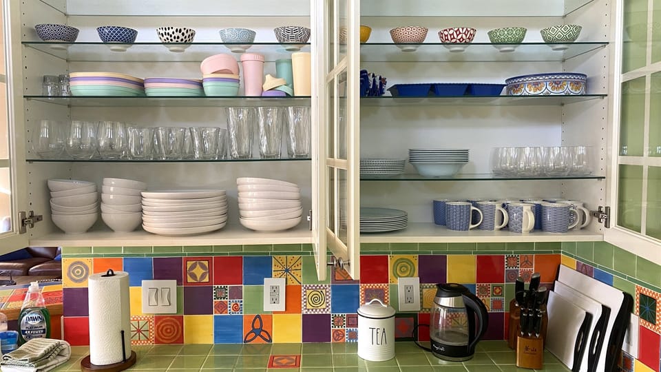 Fully stocked dishes for indoor, outdoor, and four child sized available 