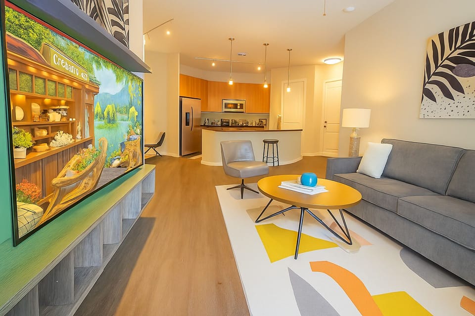 Bright kitchen and dining setup with stylish wooden flooring.