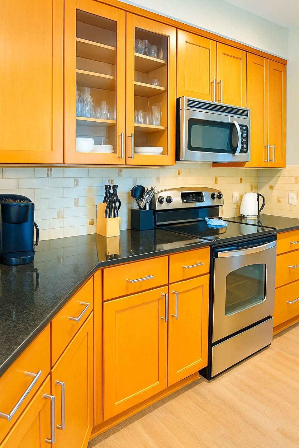 Fully equipped kitchen with modern appliances and warm wooden finish.