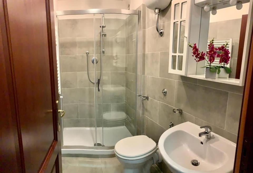 Shower, rainfall showerhead, free toiletries, hair dryer